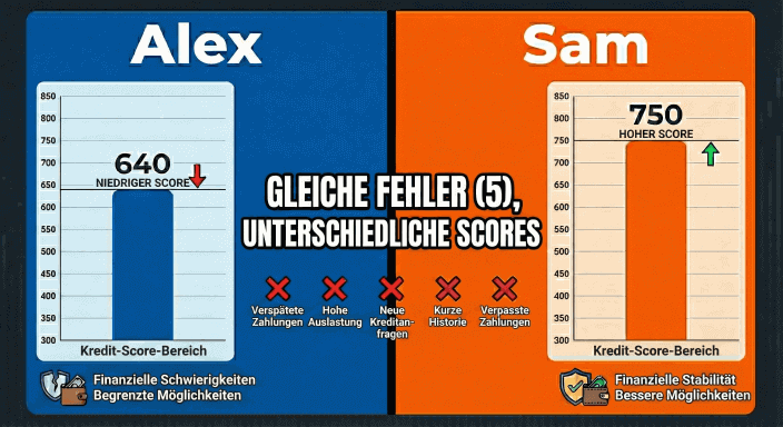 Gleiche Fehler (5), verschiedene Punktzahlen: Alex erzielte 640, während Sam 750 erzielte SAT Punktzahl Vergleich Fallstudie