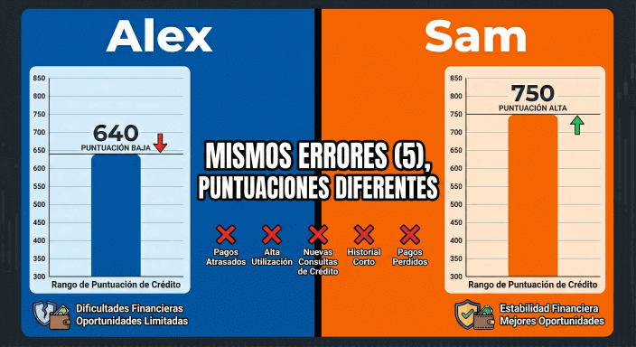 Mismos errores (5), diferentes puntuaciones: Alex obtuvo 640 mientras Sam obtuvo 750 Estudio de Caso Comparación Puntuación SAT